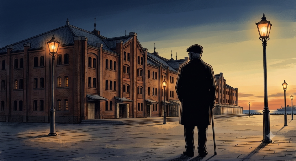 夕暮れの赤レンガ倉庫と、映画を観た後の静かな余韻をイメージした挿絵
